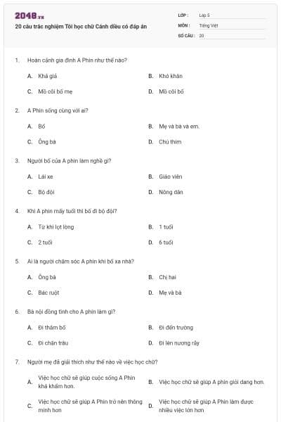 20 câu trắc nghiệm Tôi học chữ Cánh diều có đáp án