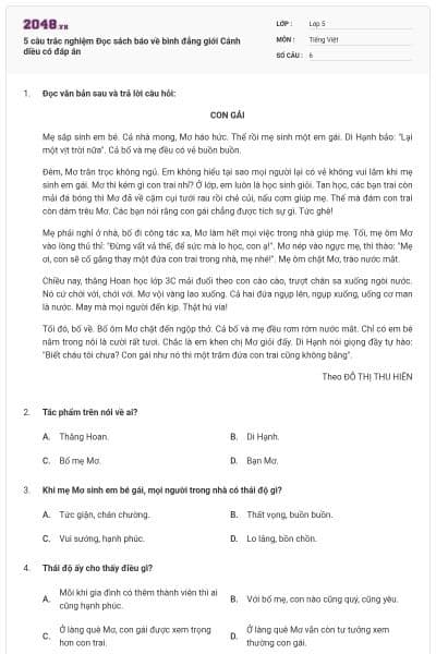 5 câu trắc nghiệm Đọc sách báo về bình đẳng giới Cánh diều có đáp án
