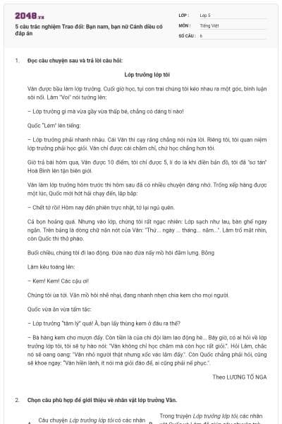 5 câu trắc nghiệm Trao đổi: Bạn nam, bạn nữ Cánh diều có đáp án