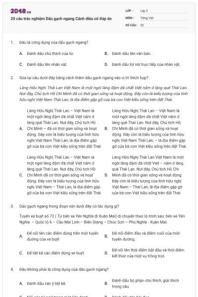 20 câu trắc nghiệm Dấu gạch ngang Cánh diều có đáp án