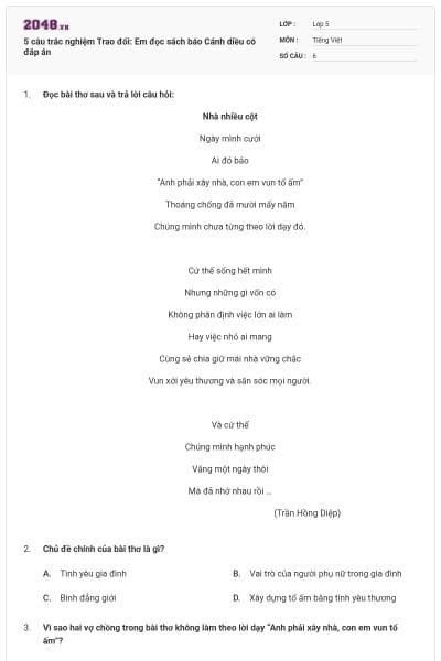 5 câu trắc nghiệm Trao đổi: Em đọc sách báo Cánh diều có đáp án