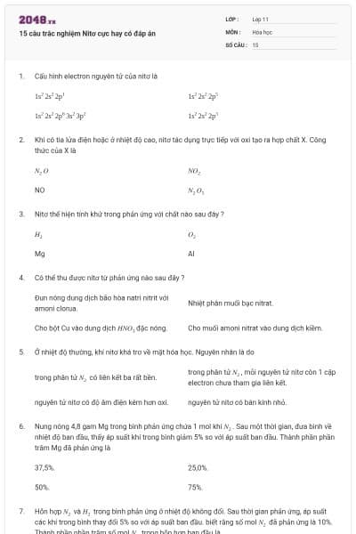 15 câu trắc nghiệm Nitơ cực hay có đáp án