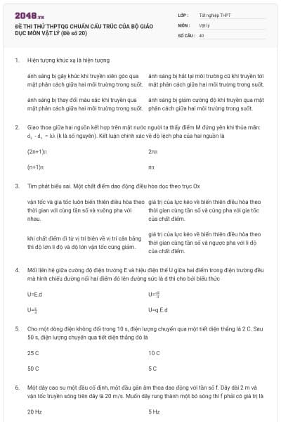 ĐỀ THI THỬ THPTQG CHUẨN CẤU TRÚC CỦA BỘ GIÁO DỤC MÔN VẬT LÝ (Đề số 20)