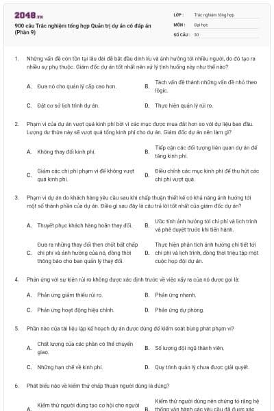 900 câu Trắc nghiệm tổng hợp Quản trị dự án có đáp án (Phần 9)