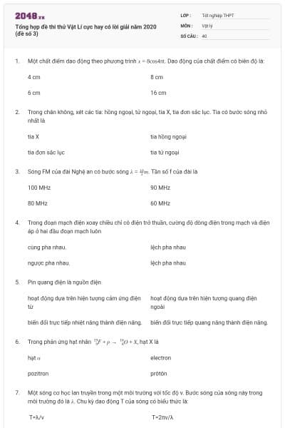 Tổng hợp đề thi thử Vật Lí cực hay có lời giải năm 2020 (đề số 3)