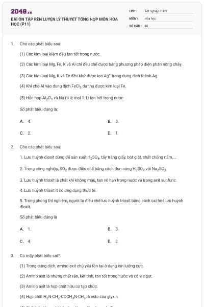 BÀI ÔN TẬP RÈN LUYỆN LÝ THUYẾT TỔNG HỢP MÔN HÓA HỌC (P11)