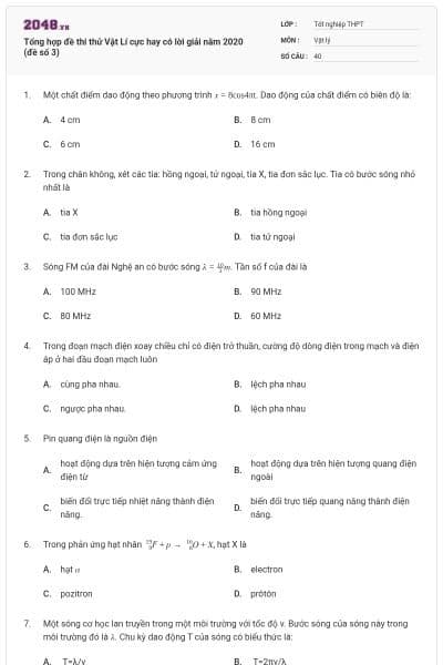 Tổng hợp đề thi thử Vật Lí cực hay có lời giải năm 2020 (đề số 3)