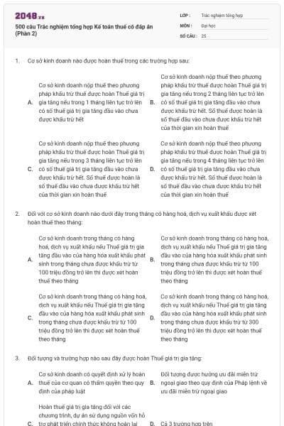 500 câu Trắc nghiệm tổng hợp Kế toán thuế có đáp án (Phần 2)