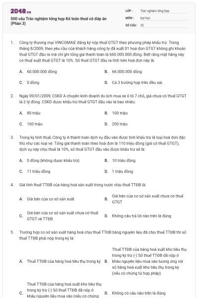 500 câu Trắc nghiệm tổng hợp Kế toán thuế có đáp án (Phần 3)