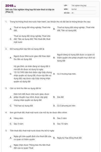 500 câu Trắc nghiệm tổng hợp Kế toán thuế có đáp án (Phần 8)