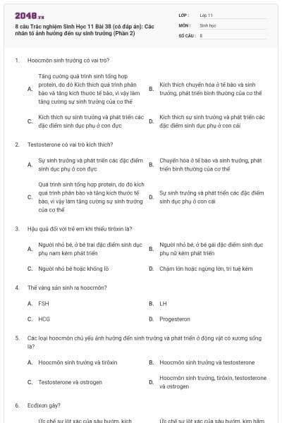 8 câu Trắc nghiệm Sinh Học 11 Bài 38 (có đáp án): Các nhân tố ảnh hưởng đến sự sinh trưởng (Phần 2)