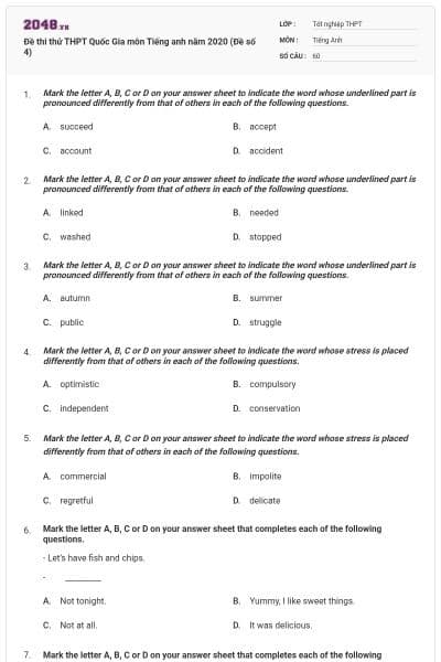 Đề thi thử THPT Quốc Gia môn Tiếng anh năm 2020 (Đề số 4)