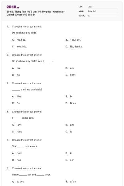 20 câu Tiếng Anh lớp 3 Unit 16: My pets - Grammar - Global Success có đáp án