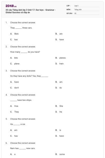 20 câu Tiếng Anh lớp 3 Unit 17: Our toys - Grammar - Global Success có đáp án