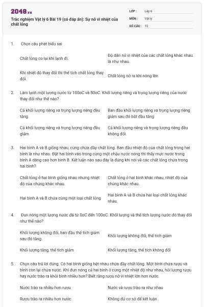 Trắc nghiệm Vật lý 6 Bài 19 (có đáp án): Sự nở vì nhiệt của chất lỏng