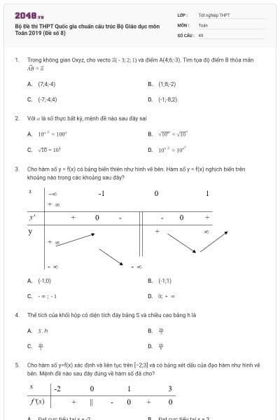 Bộ Đề thi THPT Quốc gia chuẩn cấu trúc Bộ Giáo dục môn Toán 2019 (Đề số 8)