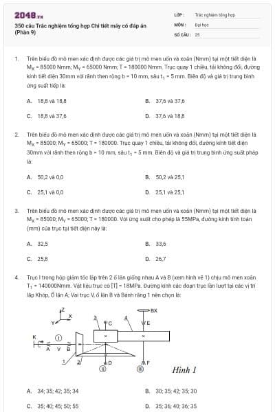 350 câu Trắc nghiệm tổng hợp Chi tiết máy có đáp án (Phần 9)