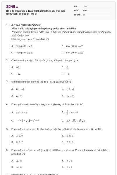 Bộ 5 đề thi giữa kì 2 Toán 9 Kết nối tri thức cấu trúc mới (có tự luận) có đáp án - Đề 01