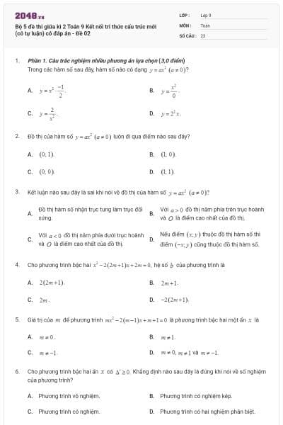 Bộ 5 đề thi giữa kì 2 Toán 9 Kết nối tri thức cấu trúc mới (có tự luận) có đáp án - Đề 02