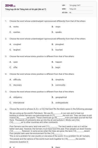 Tổng hợp đề thi Tiếng Anh có lời giải (Đề số 7)