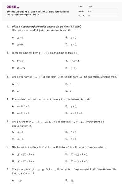 Bộ 5 đề thi giữa kì 2 Toán 9 Kết nối tri thức cấu trúc mới (có tự luận) có đáp án - Đề 04