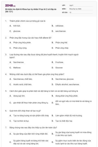 Đề kiểm tra định kì Khoa học tự nhiên 9 học kì 2 có đáp án (Đề 121)