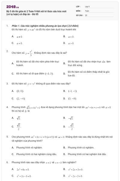 Bộ 5 đề thi giữa kì 2 Toán 9 Kết nối tri thức cấu trúc mới (có tự luận) có đáp án - Đề 05