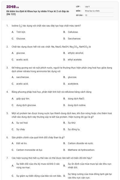 Đề kiểm tra định kì Khoa học tự nhiên 9 học kì 2 có đáp án (Đề 122)