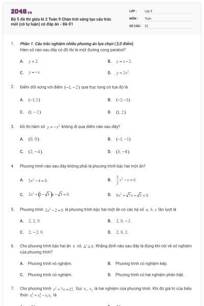 Bộ 5 đề thi giữa kì 2 Toán 9 Chân trời sáng tạo cấu trúc mới (có tự luận) có đáp án - Đề 01