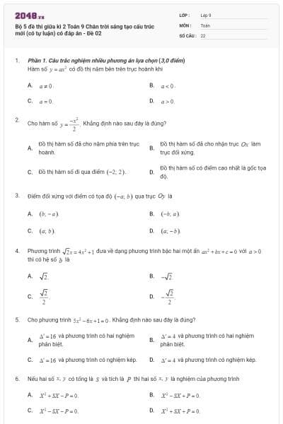 Bộ 5 đề thi giữa kì 2 Toán 9 Chân trời sáng tạo cấu trúc mới (có tự luận) có đáp án - Đề 02