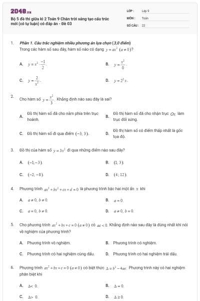 Bộ 5 đề thi giữa kì 2 Toán 9 Chân trời sáng tạo cấu trúc mới (có tự luận) có đáp án - Đề 03