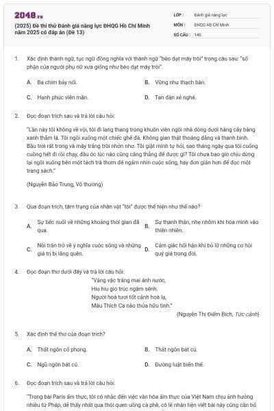 (2025) Đề thi thử Đánh giá năng lực ĐHQG Hồ Chí Minh năm 2025 có đáp án (Đề 13)