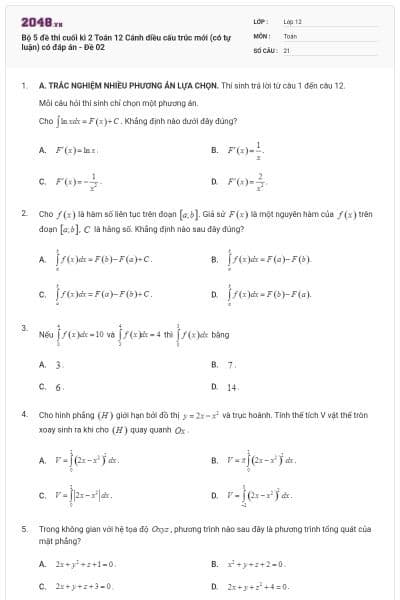 Bộ 5 đề thi cuối kì 2 Toán 12 Cánh diều cấu trúc mới (có tự luận) có đáp án - Đề 02