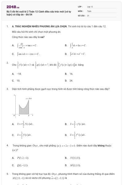 Bộ 5 đề thi cuối kì 2 Toán 12 Cánh diều cấu trúc mới (có tự luận) có đáp án - Đề 04