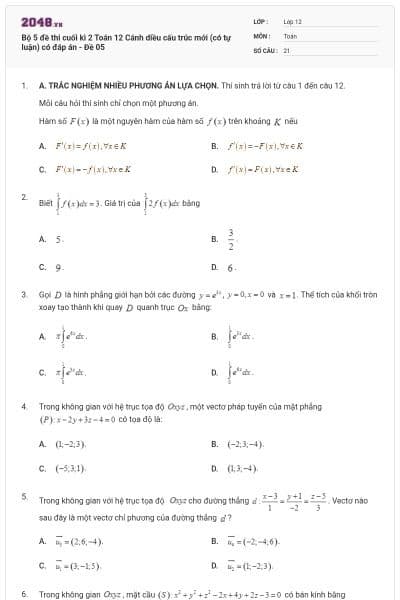 Bộ 5 đề thi cuối kì 2 Toán 12 Cánh diều cấu trúc mới (có tự luận) có đáp án - Đề 05
