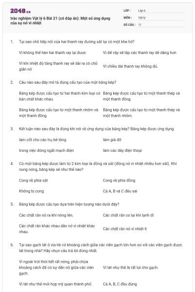 trắc nghiệm Vật lý 6 Bài 21 (có đáp án): Một số ứng dụng của sự nở vì nhiệt