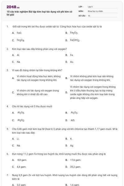 10 câu trắc nghiệm Bài tập kim loại tác dụng với phi kim có lời giải