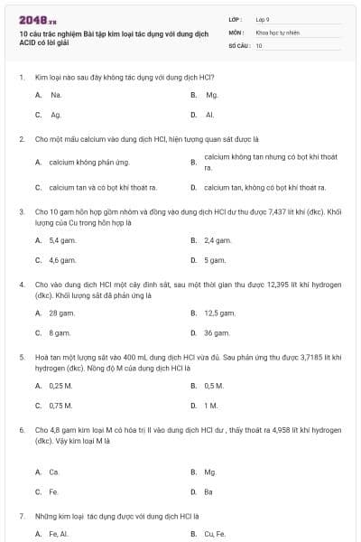 10 câu trắc nghiệm Bài tập kim loại tác dụng với dung dịch ACID có lời giải