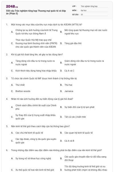 550 câu Trắc nghiệm tổng hợp Thương mại quốc tế có đáp án (Phần 5)