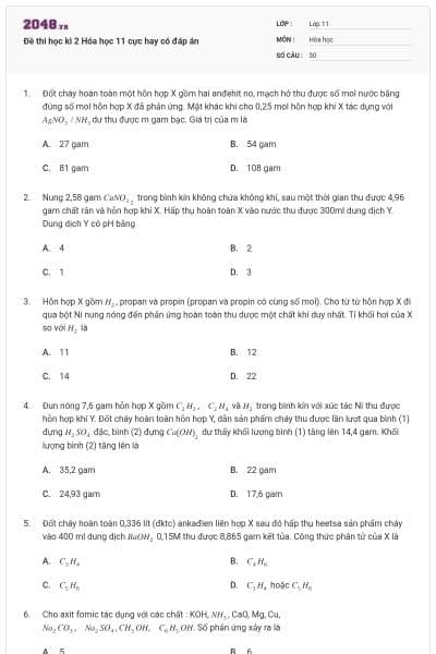 Đề thi học kì 2 Hóa học 11 cực hay có đáp án