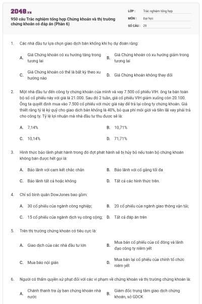 950 câu Trắc nghiệm tổng hợp Chứng khoán và thị trường chứng khoán có đáp án (Phần 6)