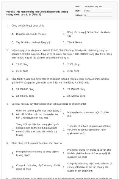 950 câu Trắc nghiệm tổng hợp Chứng khoán và thị trường chứng khoán có đáp án (Phần 9)
