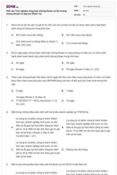 950 câu Trắc nghiệm tổng hợp Chứng khoán và thị trường chứng khoán có đáp án (Phần 16)