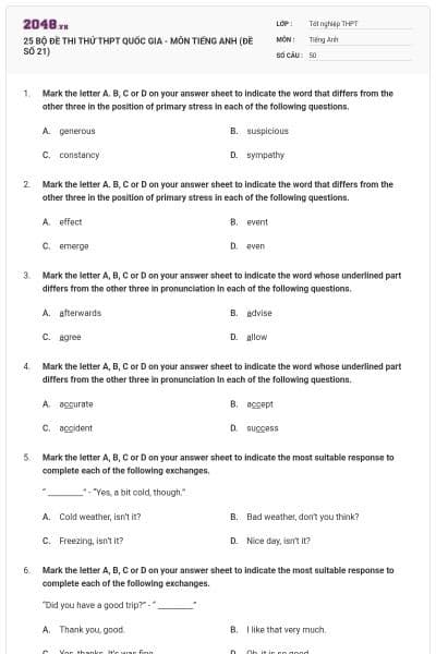 25 BỘ ĐỀ THI THỬ THPT QUỐC GIA - MÔN TIẾNG ANH (ĐỀ SỐ 21)