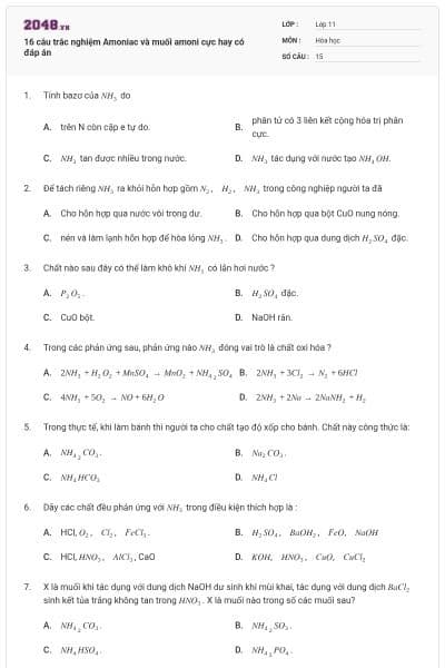 16 câu trắc nghiệm Amoniac và muối amoni cực hay có đáp án