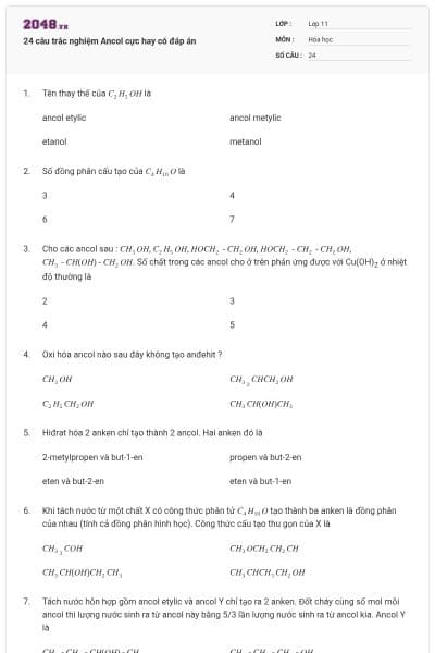 24 câu trắc nghiệm Ancol cực hay có đáp án