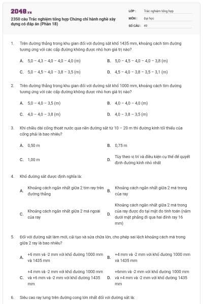 2350 câu Trắc nghiệm tổng hợp Chứng chỉ hành nghề xây dựng có đáp án (Phần 18)