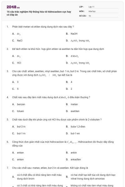 16 câu trắc nghiệm Hệ thống hóa về hidrocacbon cực hay có đáp án