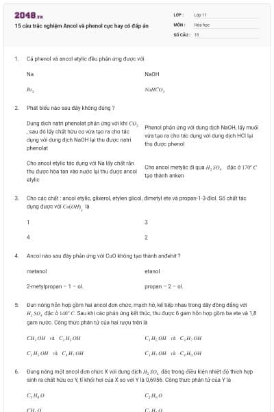 15 câu trắc nghiệm Ancol và phenol cực hay có đáp án