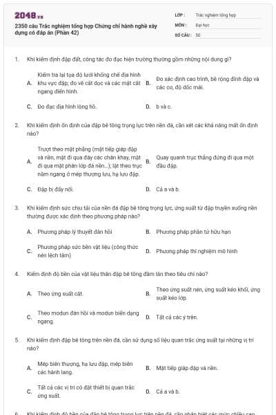 2350 câu Trắc nghiệm tổng hợp Chứng chỉ hành nghề xây dựng có đáp án (Phần 42)